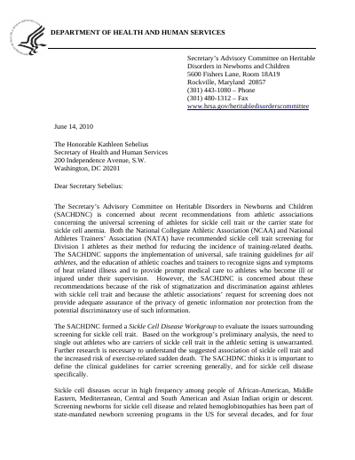 HHS SACHDNC Letter on Athlete Screening for Sickle Cell Trait (2010) preview