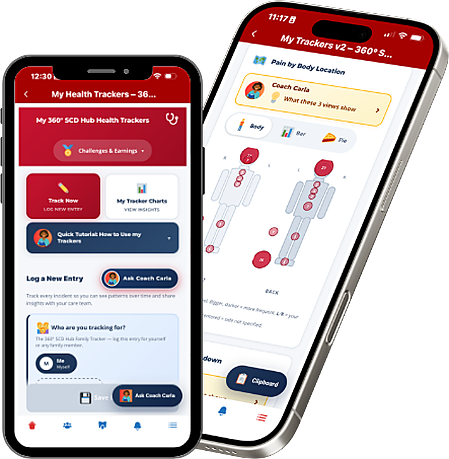 The 360 SCD Hub Health Trackers on two phones