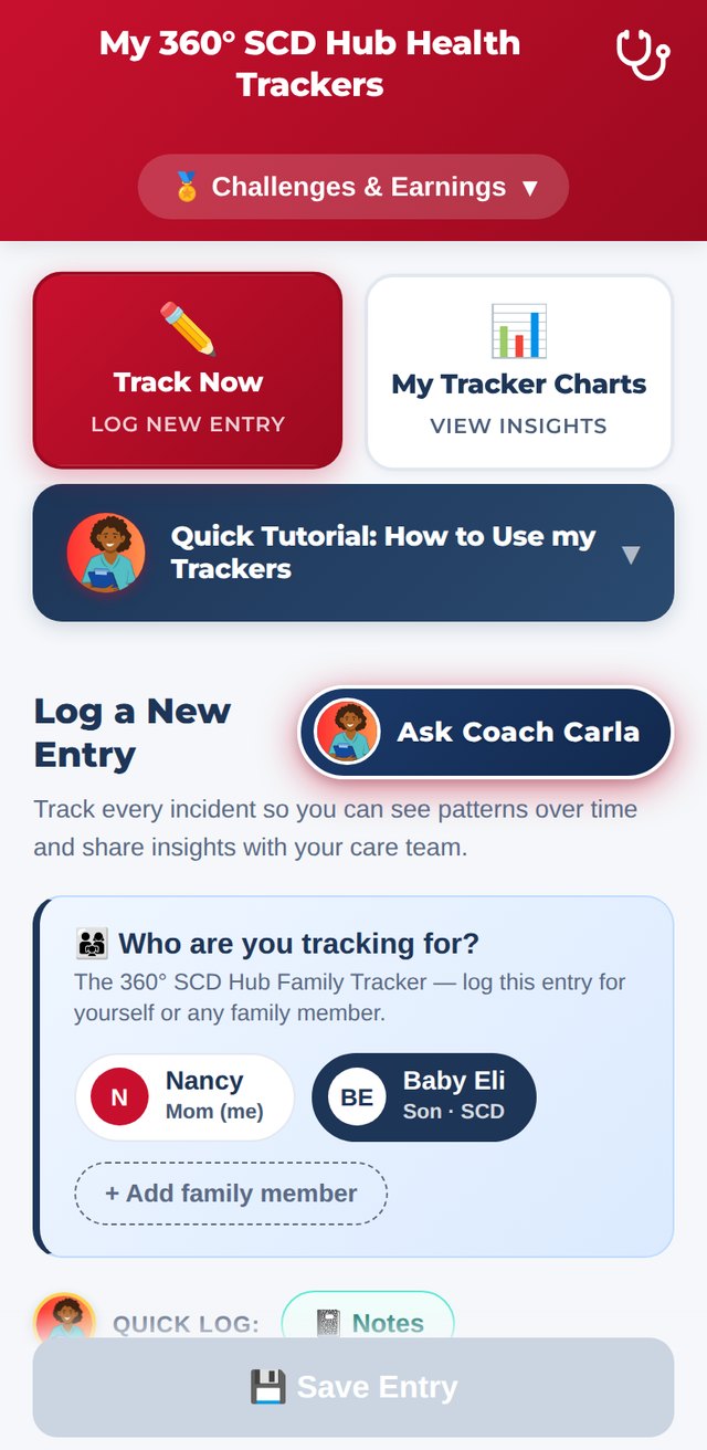 Health Tracker home screen with Track Now, My Tracker Charts, and the Family Tracker